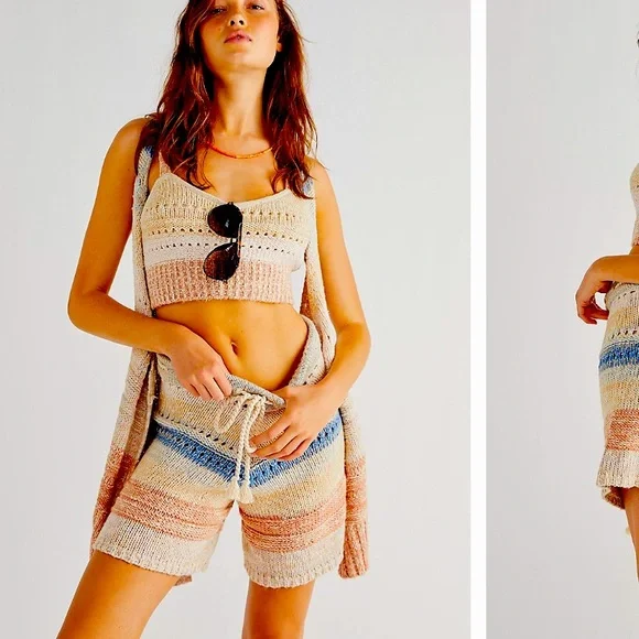 FREE PEOPLE SOUTHWEST SWEATER SET COTTON CROCHET KNIT IN SUNSET COMBO SIZE L - Picture 15 of 16